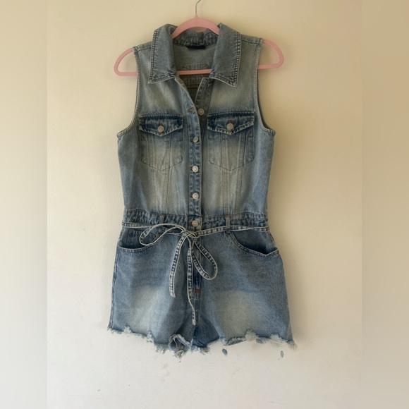Vince Light Blue Denim Sleeveless Romper with Tie Waist - Picture 2 of 16